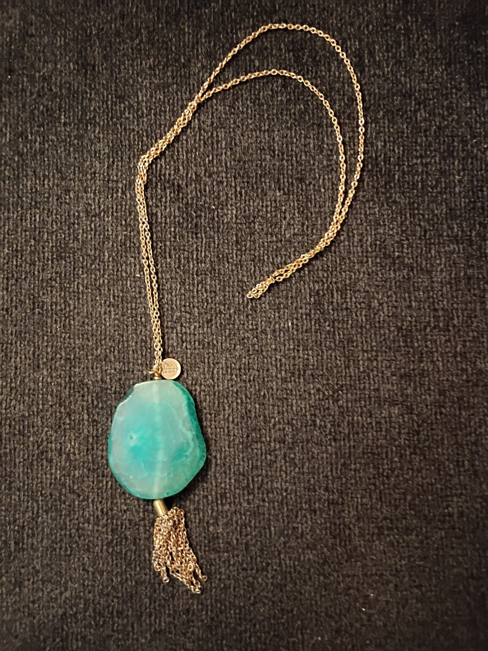 Bourbon and Bowties Gold Necklace with Teal Stone and Tassel